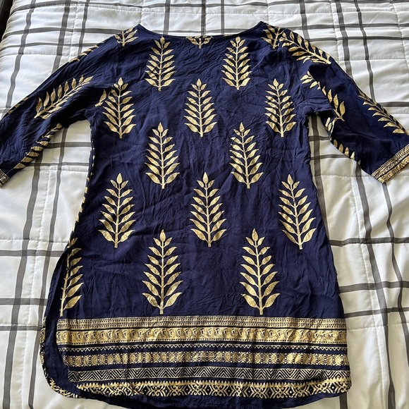 Navy and Gold Metallic Leaf Indian Boho Print Women's Dress sz L - Picture 1 of 7